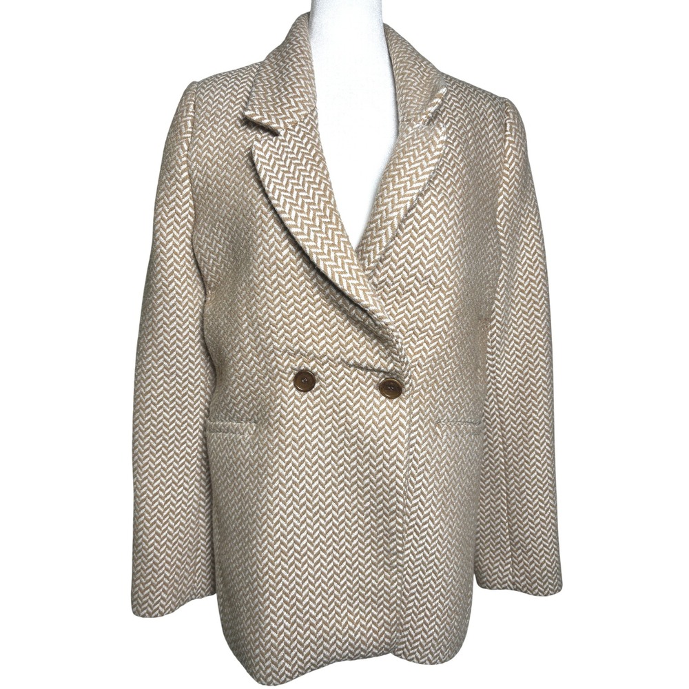 ANINE BING Size M‎ Double Breasted Herringbone Blazer Jacket Tan White Heavy